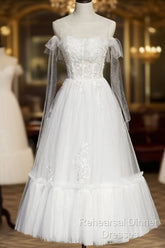 White Lace A-Line Tea Length Semi Formal Prom Dress